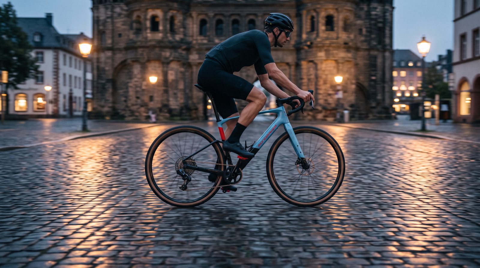 Pendeln mit dem E-Gravelbike vor der Porta Nigra in Trier