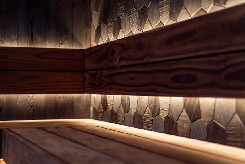 briloner leuchten - A sleek Nordic-style sauna interior featuring wood paneling and modern LED light