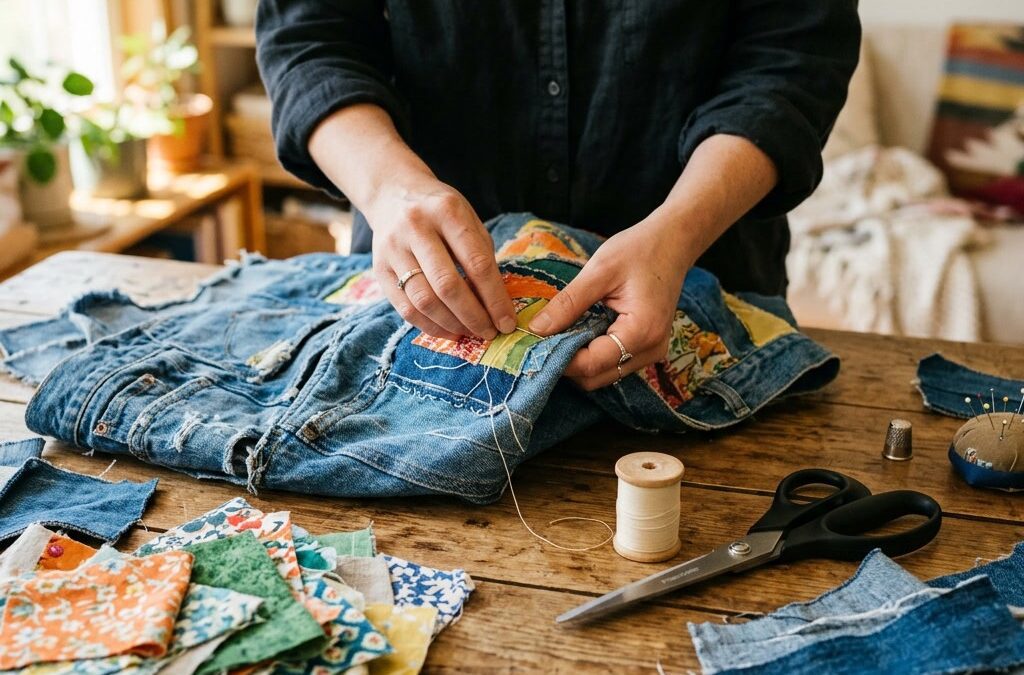 Haende upcyceln eine alte Jeans zu einem neuen Kleidungsstueck