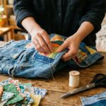 Haende upcyceln eine alte Jeans zu einem neuen Kleidungsstueck
