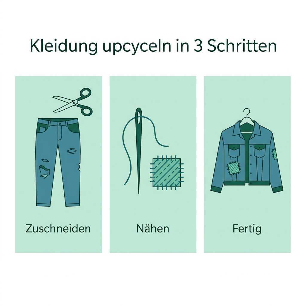 Infografik: Kleidung upcyceln in drei Schritten - zuschneiden, nähen, fertig