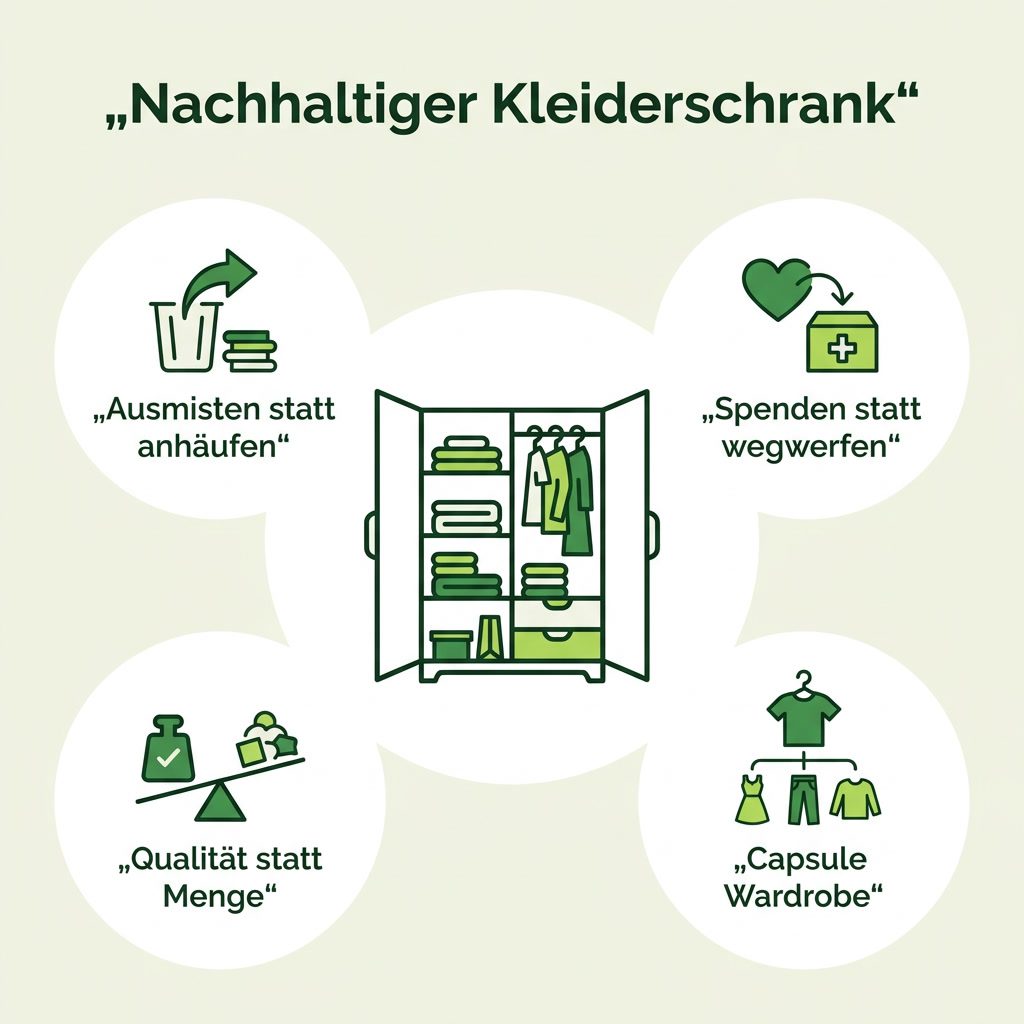 Infografik: Nachhaltiger Kleiderschrank mit den vier Prinzipien Ausmisten statt anhäufen, Spenden statt wegwerfen, Capsule Wardrobe und Qualität statt Menge