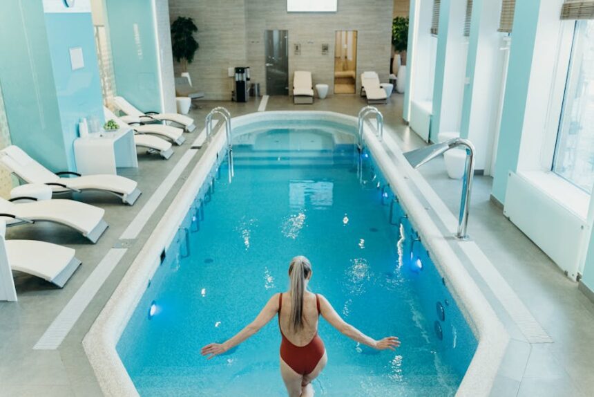 mediterana - A woman in a red swimsuit prepares to enter an elegant indoor pool at a luxurious spa.