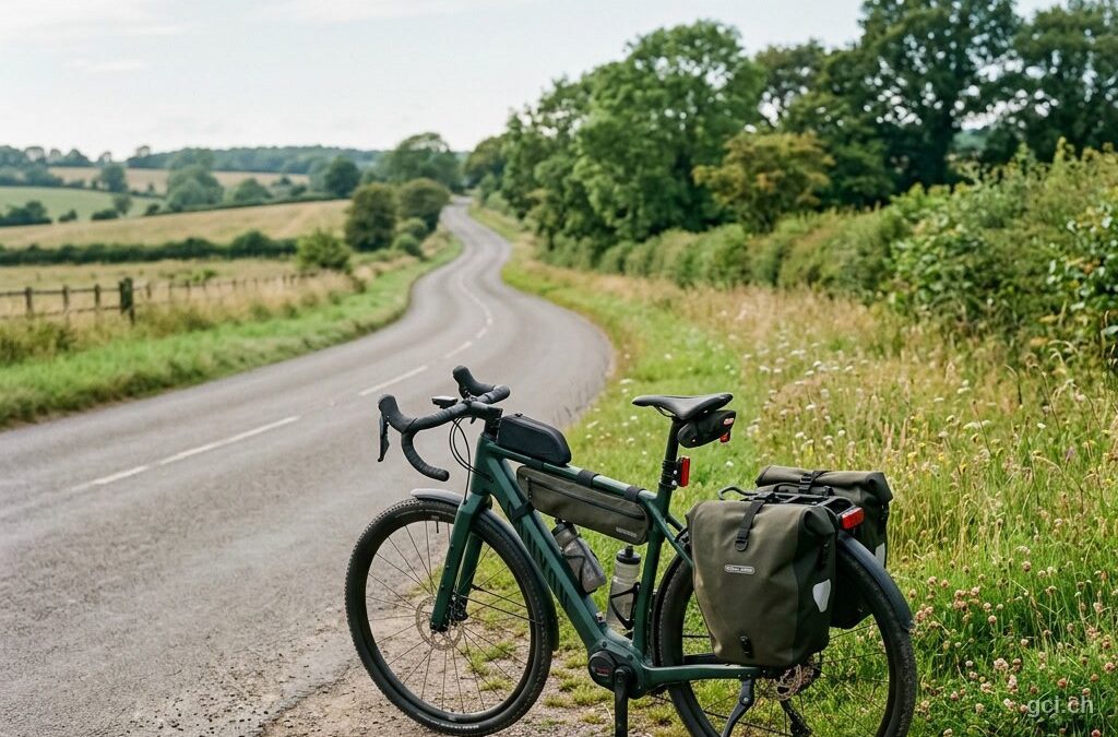 E-Gravelbike am Rand einer ruhigen Landstrasse zwischen Wiesen