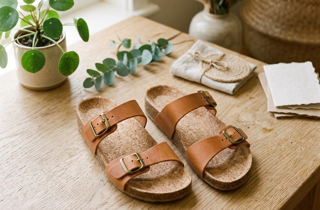 Nachhaltige Damensandalen aus Leder und Kork auf Holztisch mit Pflanzen, Sandalen Damen Kaufguide 2026