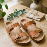 Nachhaltige Damensandalen aus Leder und Kork auf Holztisch mit Pflanzen, Sandalen Damen Kaufguide 2026