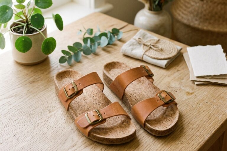 Nachhaltige Damensandalen aus Leder und Kork auf Holztisch mit Pflanzen, Sandalen Damen Kaufguide 2026