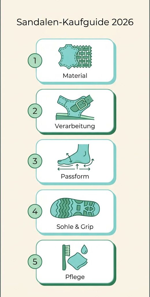 Sandalen-Kaufguide 2026: fünf Kaufkriterien Material, Verarbeitung, Passform, Sohle und Grip, Pflege als Checkliste